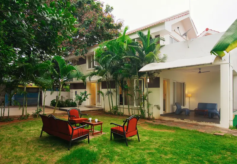 The lawn, looking back at the house through the palms