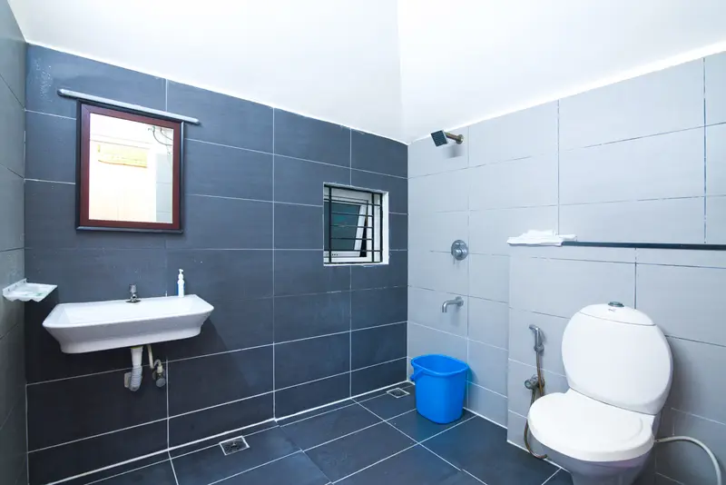 The second bathroom, dark tile