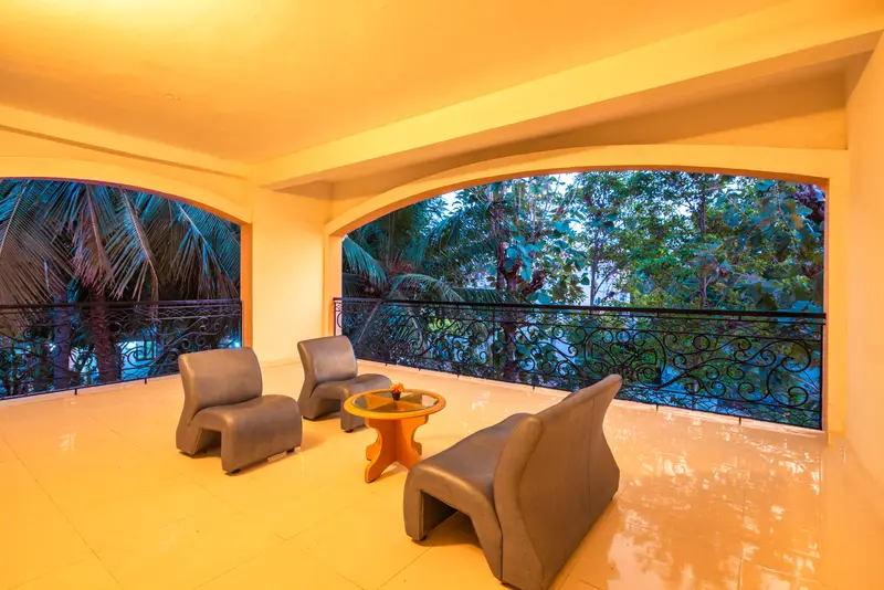The covered terrace in the evening